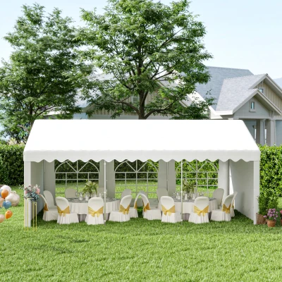 Outsunny Carpa para Fiesta Cochera Gazebo 6x4m Pergola Cenador Pabellón 4 Paneles Laterales Ventanas Anti-UV para Eventos Bodas Acero PE Blanco