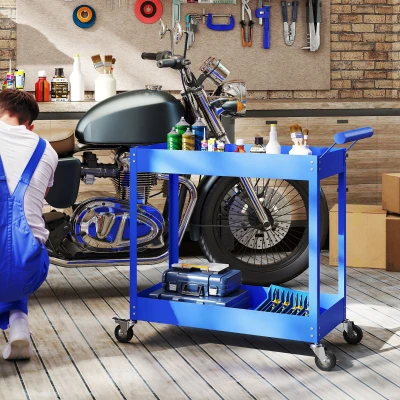 DURHAND Chariot Atelier 2 Niveaux Roulettes Verrouillables Bleu