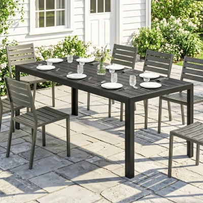 Outsunny Gartentisch Kunststoff 190 x 84,5 x 72 cm UV- & Wetterfest Balkontisch mit Holzoptik, Holzstrukur, rutschfest Buffettisch für 6 Personen Outdoor Esstisch für Garten, Balkon Schwarz