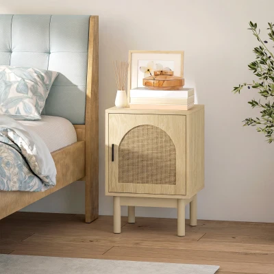 HOMCOM Rattan Bedside Table Wood Bedroom Natural