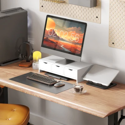 HOMCOM Ridicător monitor, Suport pentru birou cu 3 sertare pentru PC/Laptop 51x24x13 cm Alb