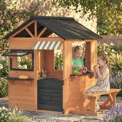 AIYAPLAY Casita Infantil Exterior e Interior de Madera con Cocina de Juguete y Banco de Picnic Ventanas de Servicio Marrón