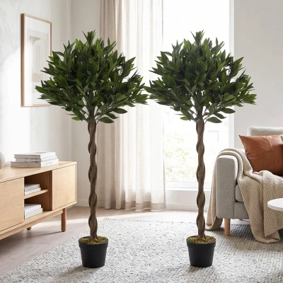 Outsunny Artificial Bay Laurel Topiary Tree Set with Pot Green