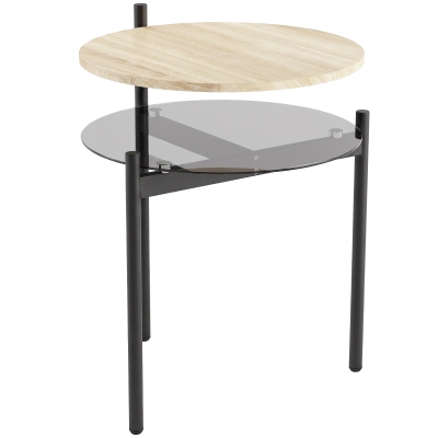 HOMCOM Măsuță laterală rotundă cu poliță deschisă din sticlă pentru spații mici, living, dormitor, 41,8 x 39,8 x 53,5 cm, stejar