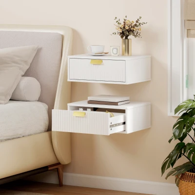 HOMCOM Floating Bedside Tables Set Wave Drawer White