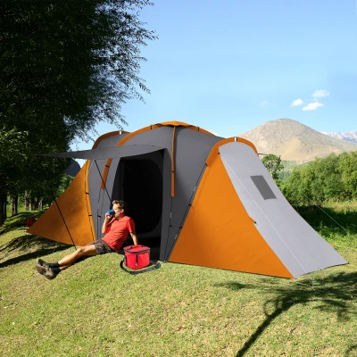 Outsunny Tunnelzelt, 2000mm Wasserabweisend Campingzelt für 4 Personen, mit 2 Schlafzimmern Wohnbereich Tragetasche Grau+Orange