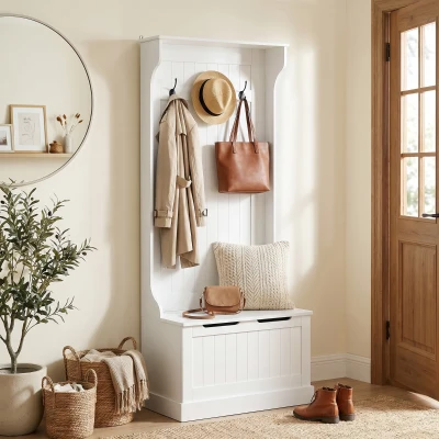 HOMCOM Porte-Manteau Moderne 3 en 1 avec Banc et Rangement Blanc