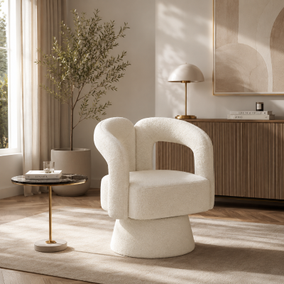 Designer-Drehstuhl für Büro, gepolstert mit Bouclé-Stoff, Tonnenform für Wohnzimmer und Büro, Beige