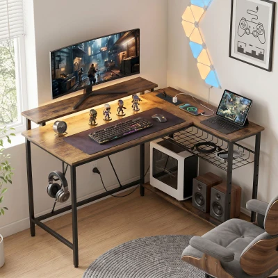 HOMCOM Reversible L-Shaped Gaming Desk LED Rustic Brown