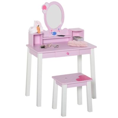 HOMCOM Coiffeuse Enfant Table de Maquillage avec Tabouret, 1 tiroir, Miroir 59 x 39 x 92 cm Bois Rose