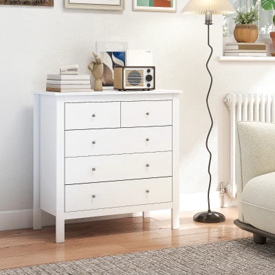 HOMCOM Commode 5 Tiroirs Bois Blanc 79x39,5x80,5 cm