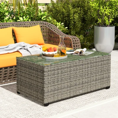 Outsunny Table Basse Jardin Résine Tressée Verre Gris 90x50x38cm