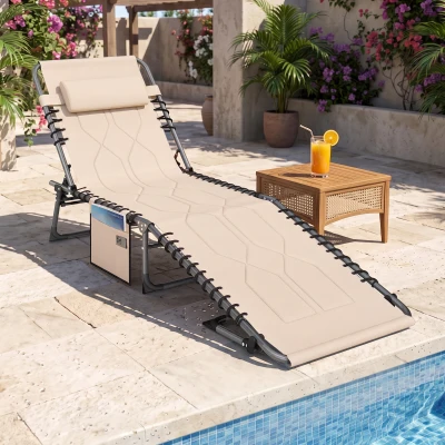Outsunny Sonnenliege, Faltbare Gartenliege, Klappliege mit Kissen, 5-stufige Rückenlehne, Oxfordstoff, 188 x 57 x 30 cm, Beige