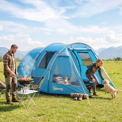 Outsunny Campingzelt Trekkingzelt Zelt, wetterbeständig, 2 Räume,  475 x 264  cm Breite x 172, Blau