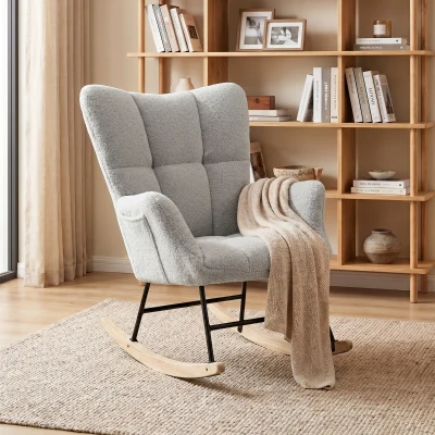 HOMCOM Rocking Chair Tufted Wingback Teddy Fleece Light Grey