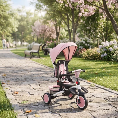 AIYAPLAY Tricycle Bébé 6 en 1 Pliable Siège Pivotant 360° Rose