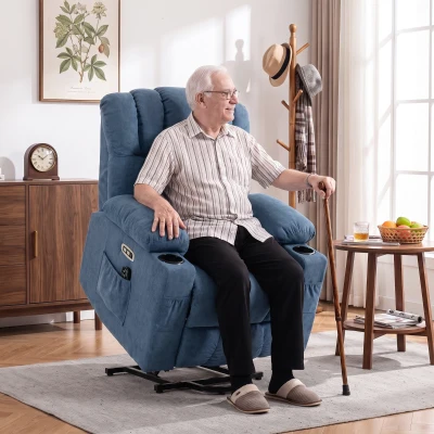 HOMCOM Sillón Relax Reclinable Eléctrico Levanta Personas Masaje Vibratorio y Calor Asiento Ancho USB-C USB-A Bolsillos Azul