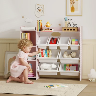 AIYAPLAY Toy Storage Cabinet with 8 Bins, Shelves, Pink