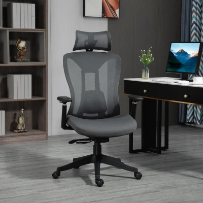 Vinsetto Silla de Escritorio de Malla con Reposacabezas Ajustable Soporte Lumbar y Reposabrazos 3D 70x66x128 cm Gris