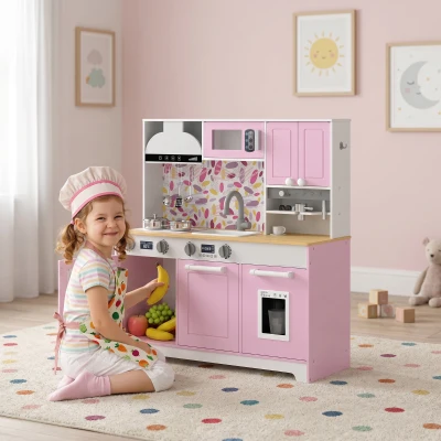 AIYAPLAY Cozinha de Madeira com Acessórios em Aço Inoxidável, Máquina de Café, Máquina de Gelo, Lava-loiça e Fogão Rosa