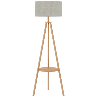 HOMCOM Tripod Floor Lamp Storage Shelf Linen 160cm Natural Wood