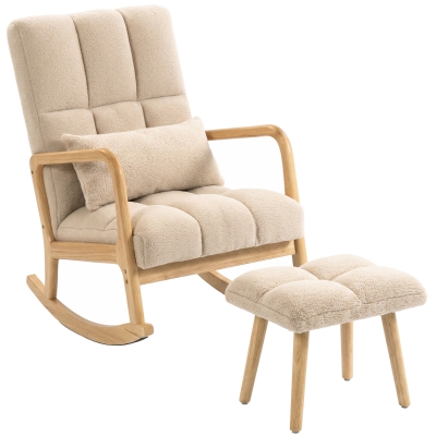 HOMCOM Fotoliu balansoar cu ottoman, rocking chair din țesătură bouclette, picioare din lemn, 64,5 x 82 x 89 cm, Bej