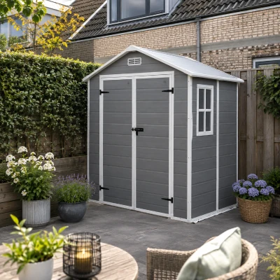 Outsunny Tuinschuur, Gereedschapsschuur met Bodem, Afsluitbare Deuren, Ventilatieopeningen, Venster, Houtlook, Kunststof, Grijs