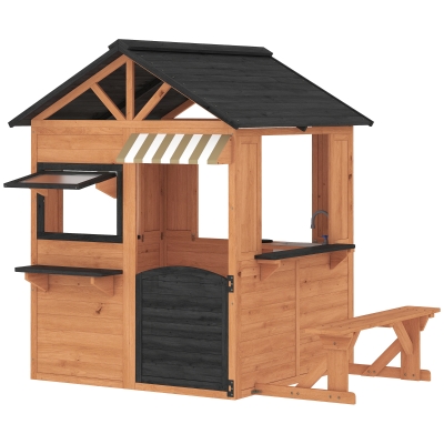 AIYAPLAY Casita Infantil Exterior e Interior de Madera con Cocina de Juguete y Banco de Picnic Ventanas de Servicio Marrón