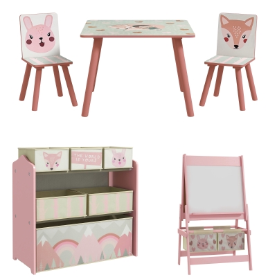 Table et 2 Chaises Enfant + Chevalet Double + Rangement 6 Bacs Rose