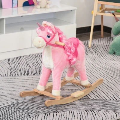 HOMCOM Cheval à Bascule Licorne Bois Rose avec Sons Authentiques