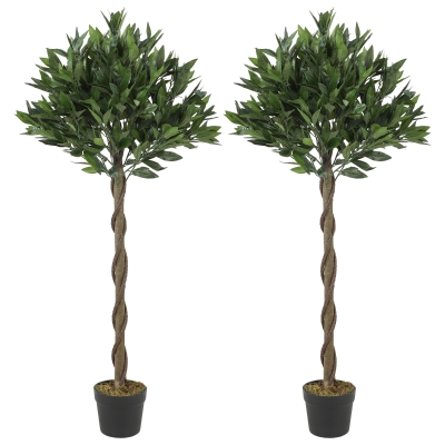 Outsunny Artificial Bay Laurel Topiary Trees with Twisted Trunk, Realistic Lush Topiary Ball Tree with Weighted Pot, Set of 2