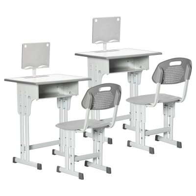 HOMCOM Bureau Enfant avec Chaise et Rangement Gris 60x45x90-102 cm