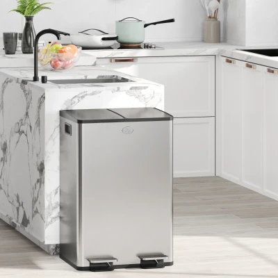 HOMCOM 2 x 28 L Doppelmülleimer, Pedalöffnung, leicht zu reinigen, Edelstahl, Kunststoff, Silber