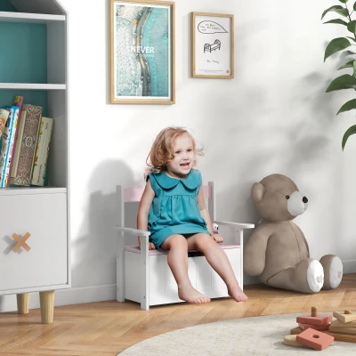 AIYAPLAY Baú de Brinquedos Infantil Banco de Armazenamento para Crianças com Encosto e Tampa Amortecida 68,5x34x58 cm Rosa e Branco