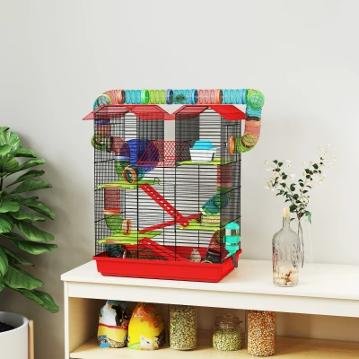 PawHut Jaula para Hámster de 5 Niveles 47x30x59 cm con Túnel Comedero Bebedero Casita Rueda de Ejercicio Escaleras Rojo