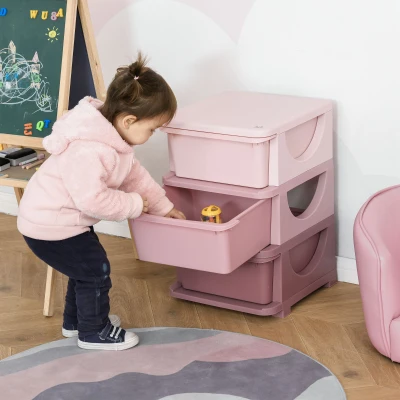 HOMCOM Organisateur de jouets pour enfants avec tiroirs à 3 niveaux, boîtes de rangement en plastique, 37 x 37 x 56,5 cm, rose
