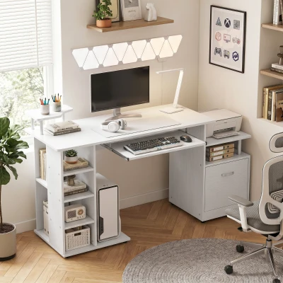 HOMCOM Computer Desk Drawer Shelves CPU Rack White