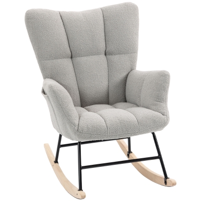 HOMCOM Rocking Chair Tufted Wingback Teddy Fleece Light Grey