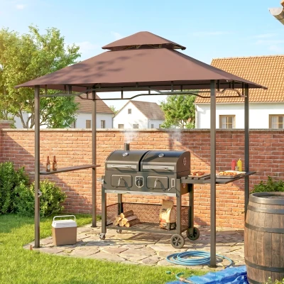 Outsunny Grillpavillon Gartenzelt Grill Pavillon Balkonpavillon mit Ablagen Flammhemmendes Doppeldach Kaffeebraun 245 x 148 x 252 cm