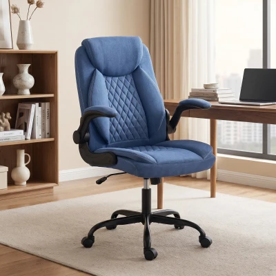 HOMCOM Office Chair Linen Flip-Up Armrests Thick Cushion Blue