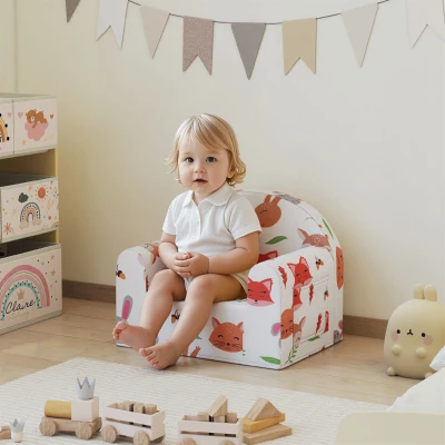 AIYAPLAY Sofá para Crianças com Estampa de Raposas com Capa Removível e Lavável Bolso Lateral Apoio de Braços 54x40x43 cm Branco