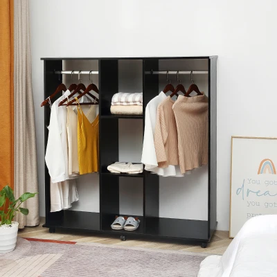 HOMCOM Mobile Wardrobe Black with Clothes Rails & Shelves