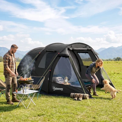 Outsunny Campingzelt Trekkingzelt Zelt, wetterbeständig, 2 Räume,  475 x 264  cm Breite x 172, Schwarz