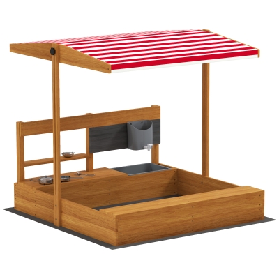 Outsunny Arenero de Madera para Niños con Techo Regulable con Juguetes de Cocina Juego para Niños 3-7 Años 114x110x110 cm Marrón