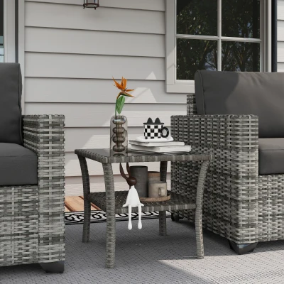 Outsunny Table Carrée Polyrattan 50x50cm avec Rangement et Verre