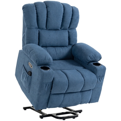 HOMCOM Sillón Relax Reclinable Eléctrico Levanta Personas Masaje Vibratorio y Calor Asiento Ancho USB-C USB-A Bolsillos Azul