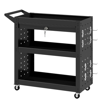 HOMCOM Tool Cart with Lockable Wheels, Rolling Workshop Cart with 3-Tier Trays, Drawer, Pegboards, Black