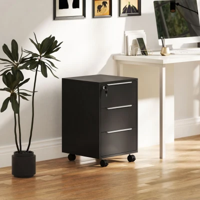HOMCOM Caisson Bureau 3 Tiroirs Serrure Noir 40x40x63,5 cm