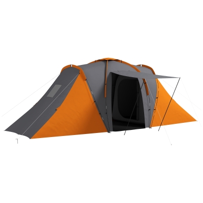 Outsunny Tunnelzelt, 2000mm Wasserabweisend Campingzelt für 4 Personen, mit 2 Schlafzimmern Wohnbereich Tragetasche Grau+Orange