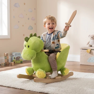 HOMCOM Balancín Infantil en Forma de Dinosaurio de Felpa para Bebés 18-36 Meses con Sonido Cinturón de Seguridad Manillar y Reposapiés 60x33x45 cm Verde